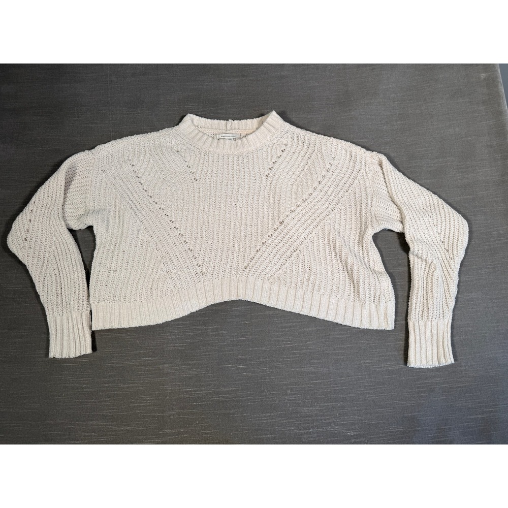 American Eagle Chenille Cropped Sweater Cream Off White Pointelle Knit XS
